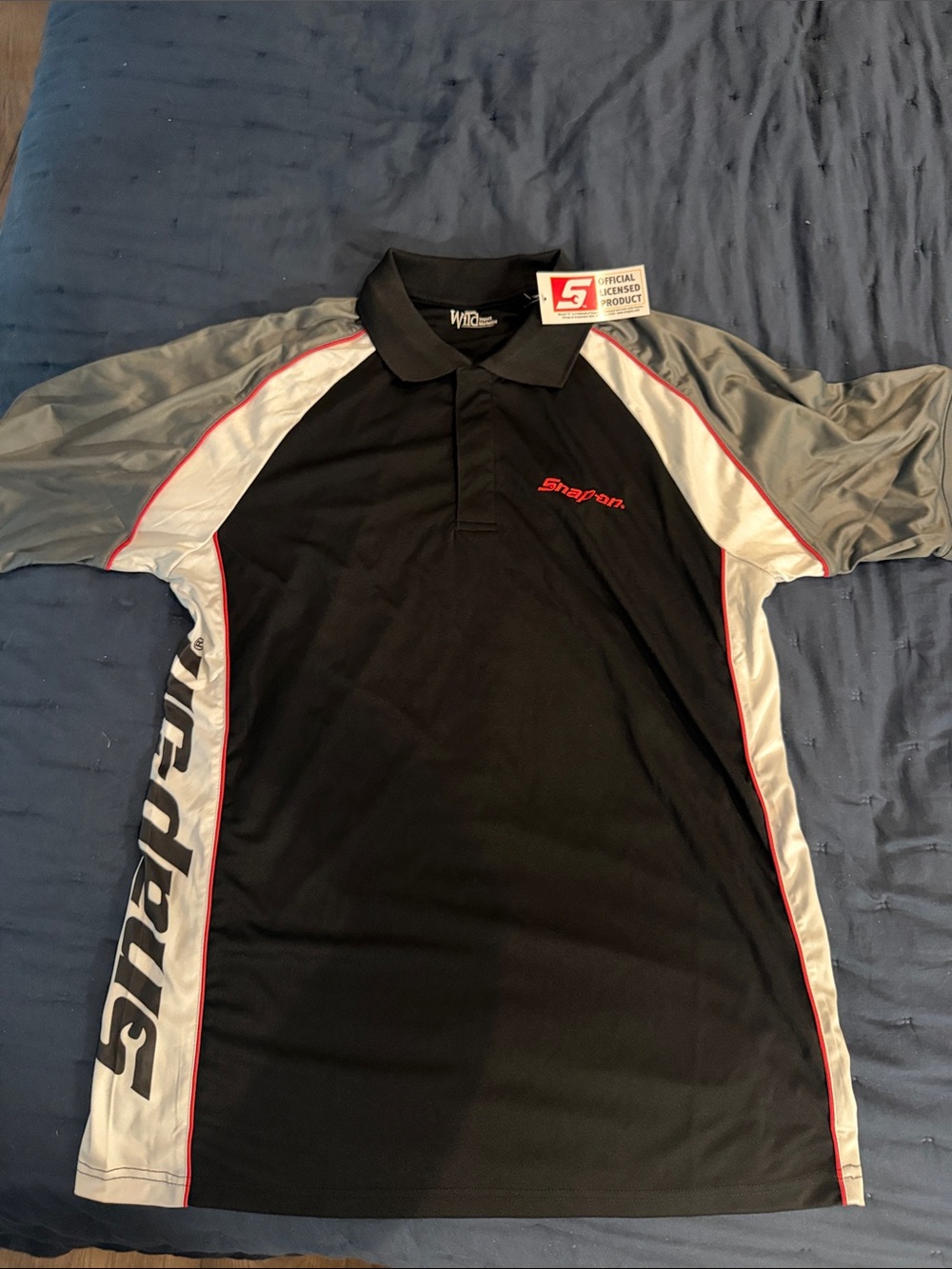 Snap On Licensed polyester black polo with red logo and silver and white